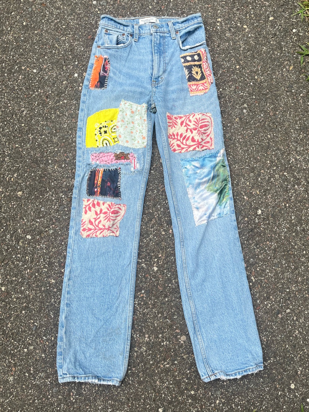 OOAK reworked Abercrombie & Fitch Light Blue Jeans with Colorful Patchwork
